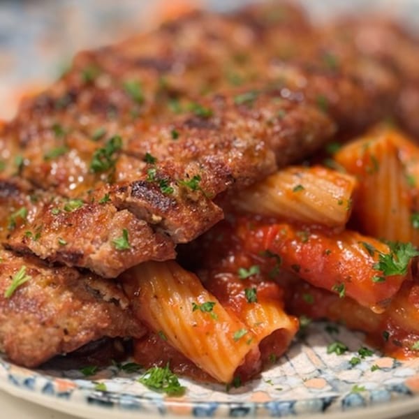Grilled Italian sausage slices and rigatoni pasta with red sauce, garnished with fresh parsley.